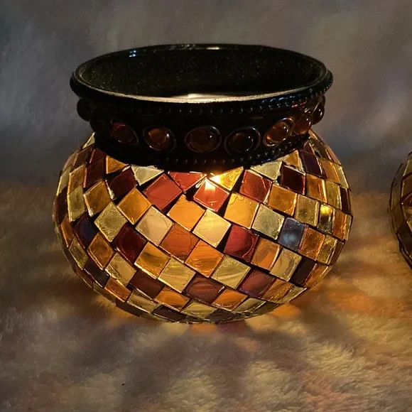 Partylite Mosaic Glass Candle Holders - Brown and Gold Set of 2 - Picture 2 of 16